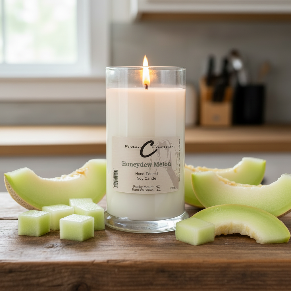 Honeydew Melon Soy Candle - 22 oz. Status Jar with honeydew slices on wooden table.