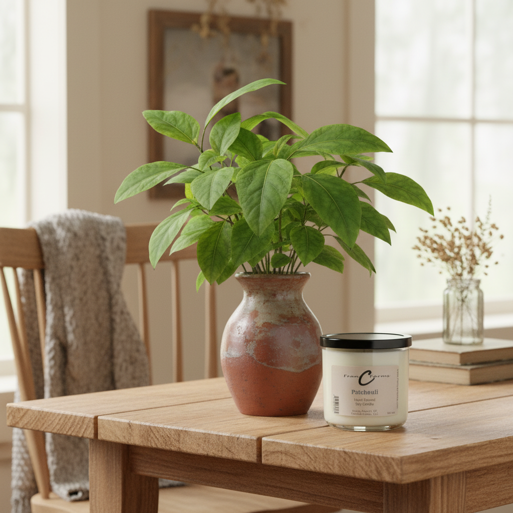 Patchouli soy candle next to a green plant on a wooden table in a cozy interior setting.