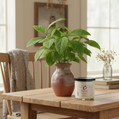 Patchouli soy candle next to a green plant on a wooden table in a cozy interior setting.