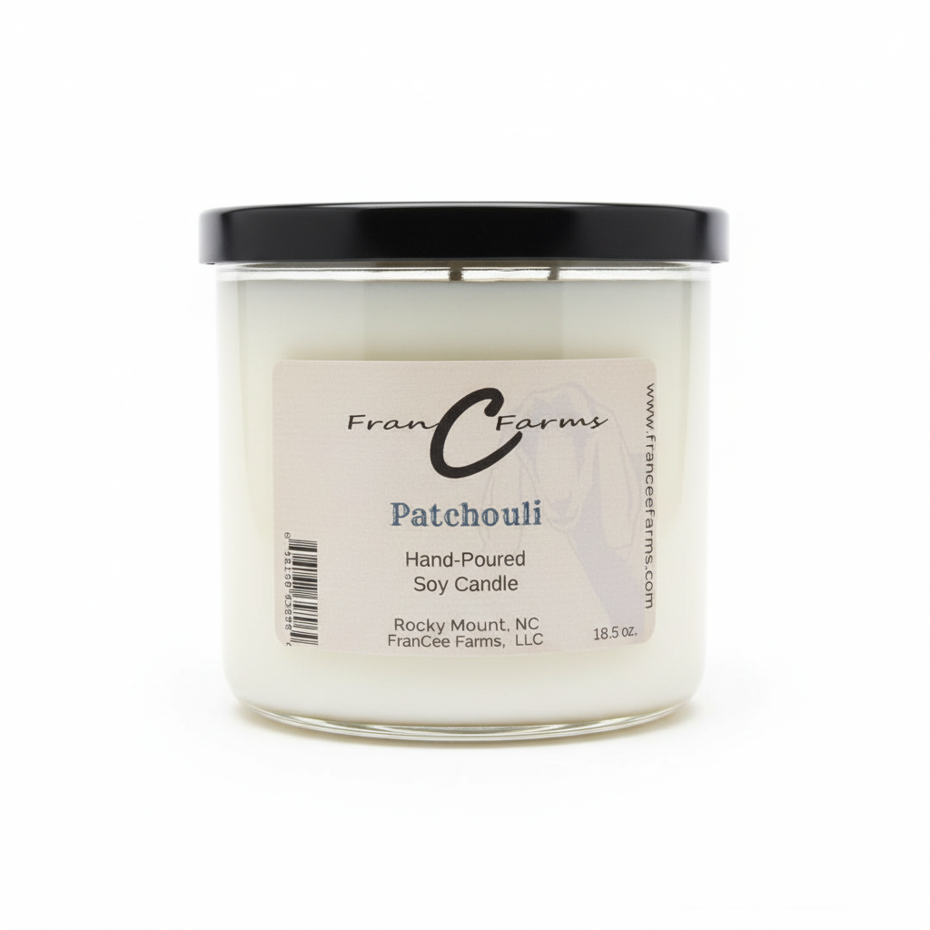 Patchouli Soy Candle - Hand-poured 18.5 oz candle with black lid and label from FranCee Farms.