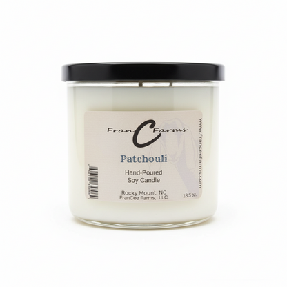 Patchouli Soy Candle - Hand-poured 18.5 oz candle with black lid and label from FranCee Farms.
