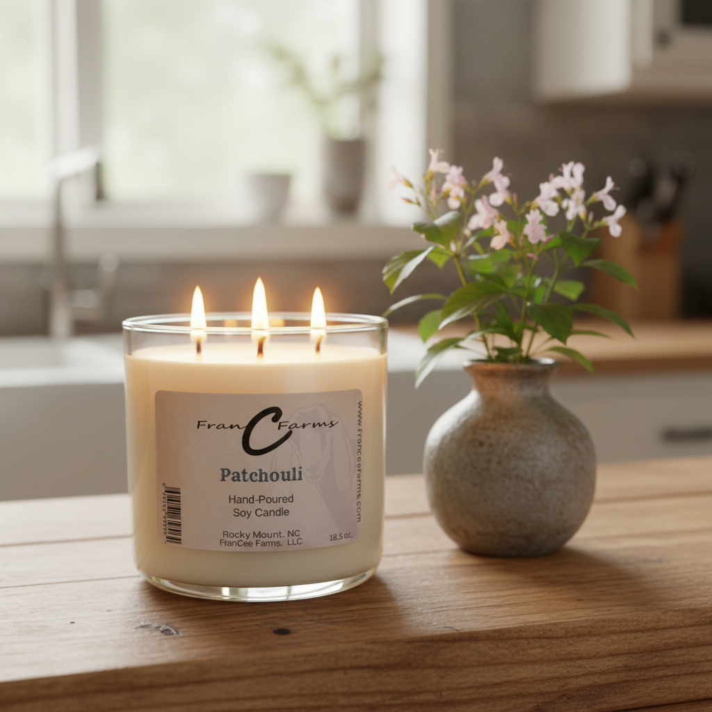 Patchouli soy candle with three wicks on a kitchen counter, next to a vase of flowers.