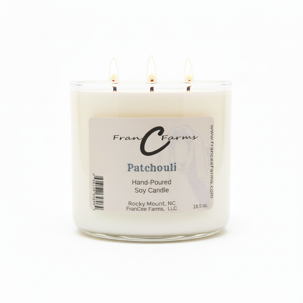 Patchouli soy candle with three wicks, hand-poured in an elegant glass container from FranC Farms.