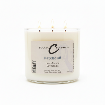 Patchouli soy candle with three wicks, hand-poured in an elegant glass container from FranC Farms.
