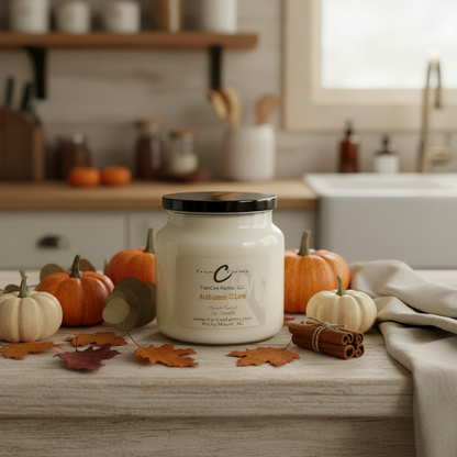 Autumn Glow Soy Candle in an apothecary jar surrounded by autumn leaves and small pumpkins, perfect for fall decor.