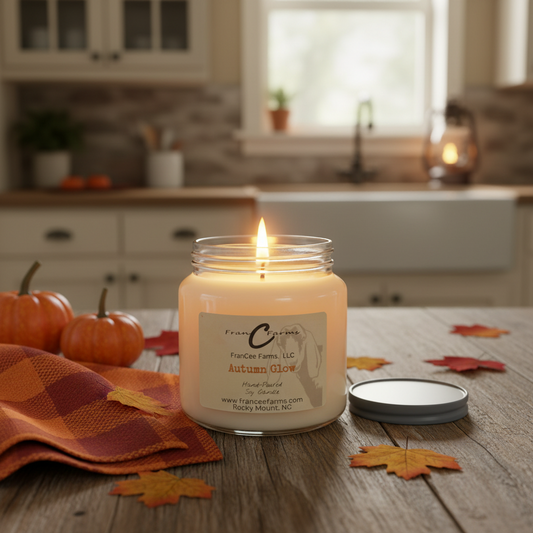 Autumn Glow Soy Candle - 18 oz. Apothecary Jar lit on a table with pumpkins and autumn leaves.
