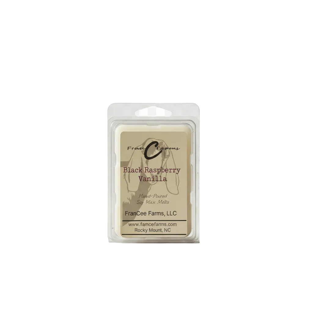 Black Raspberry Vanilla Soy Wax Melts packaging by Francée Farms showcasing a rich fragrance experience.