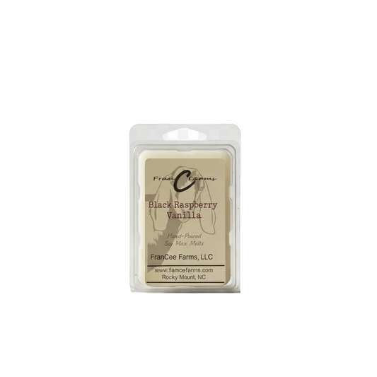 Black Raspberry Vanilla Soy Wax Melts packaging by Francée Farms showcasing a rich fragrance experience.