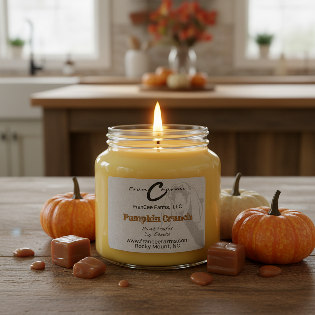 Pumpkin Crunch Soy Candle displayed in an apothecary jar with pumpkins and candies, perfect for autumn ambiance.