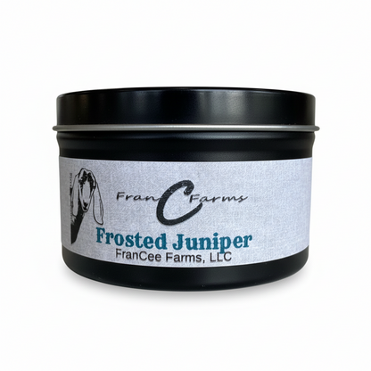 Frosted Juniper Soy Candle - 8 oz. Tin by FranCee Farms, featuring a stylish black tin design.