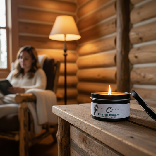 Frosted Juniper Soy Candle - 8 oz. Tin displayed on a wooden table with a cozy log cabin background.