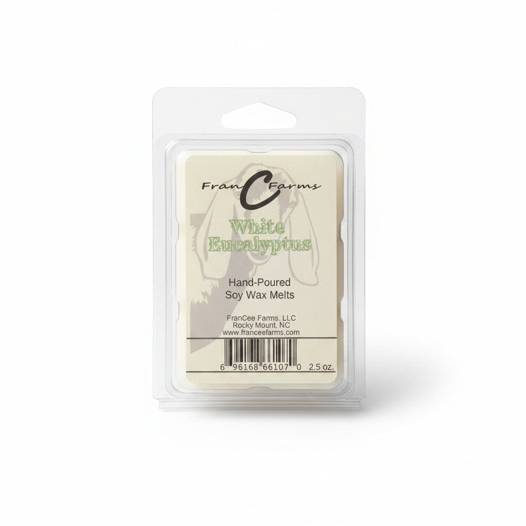 White Eucalyptus Soy Wax Melts in eco-friendly packaging, hand-poured for a soothing aromatic experience.