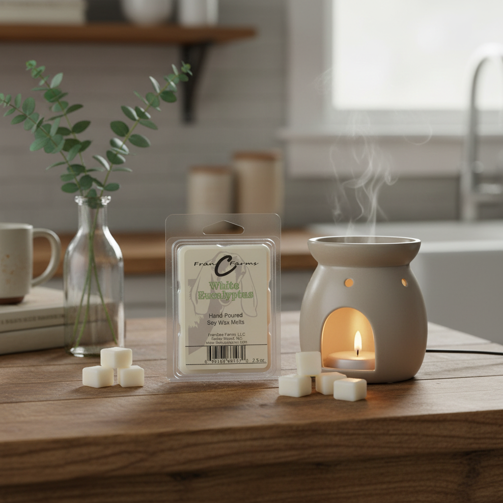 White Eucalyptus Soy Wax Melts in a cozy kitchen setting with a wax warmer and eucalyptus plant.
