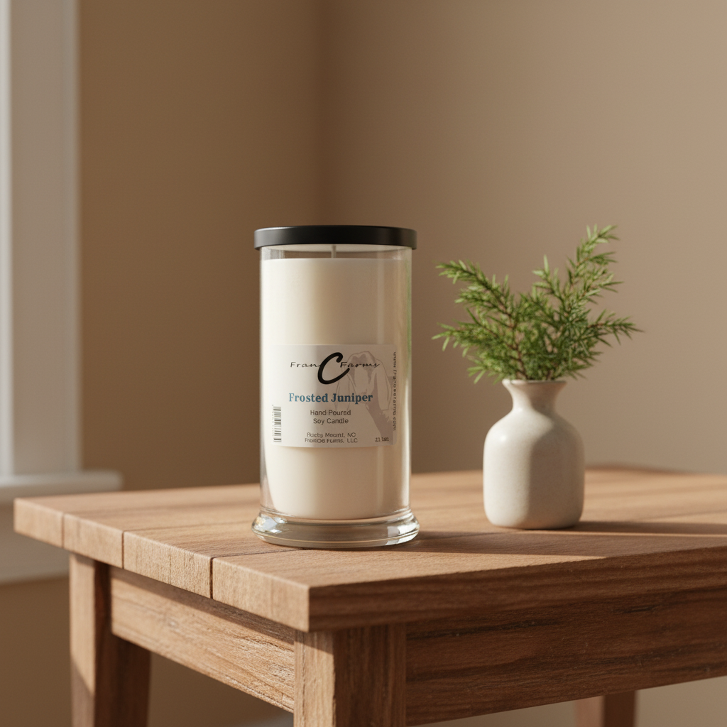 Frosted Juniper Soy Candle - 22 oz. Status Jar on a wooden table with a small vase and plant.