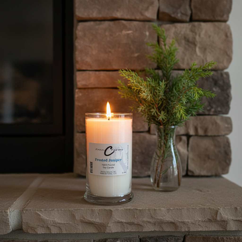 Frosted Juniper Soy Candle - 22 oz. in a stylish jar with a wooden fireplace backdrop.