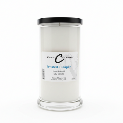 Frosted Juniper Soy Candle - 22 oz. Status Jar with fresh evergreen fragrance for a cozy atmosphere.