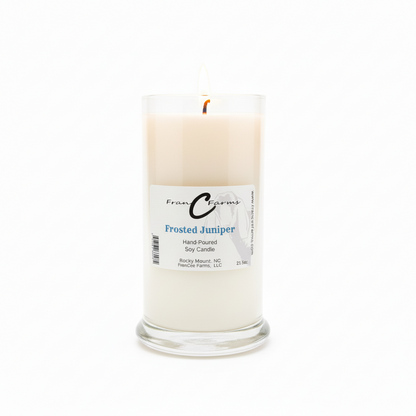 Frosted Juniper Soy Candle - 22 oz. Status Jar with a warm and inviting glow.