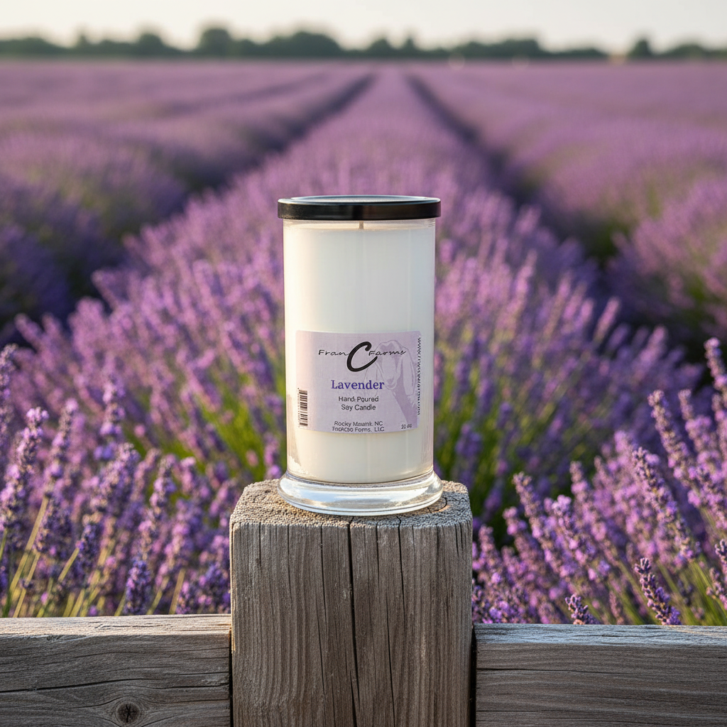 Lavender soy candle displayed on a wooden post with a lavender field in the background, capturing its calming essence.