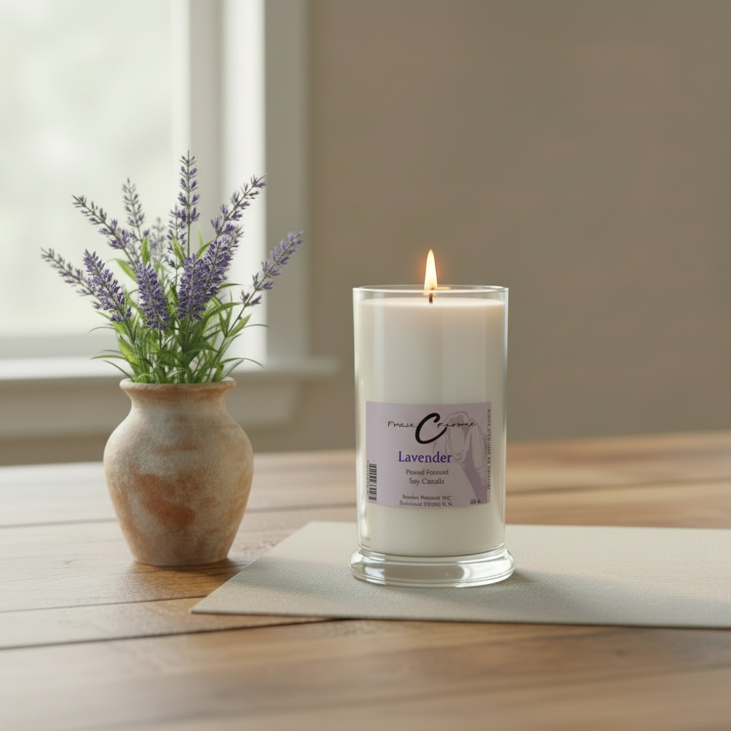 Lavender Soy Candle in a glass jar on a table with a vase of lavender flowers.