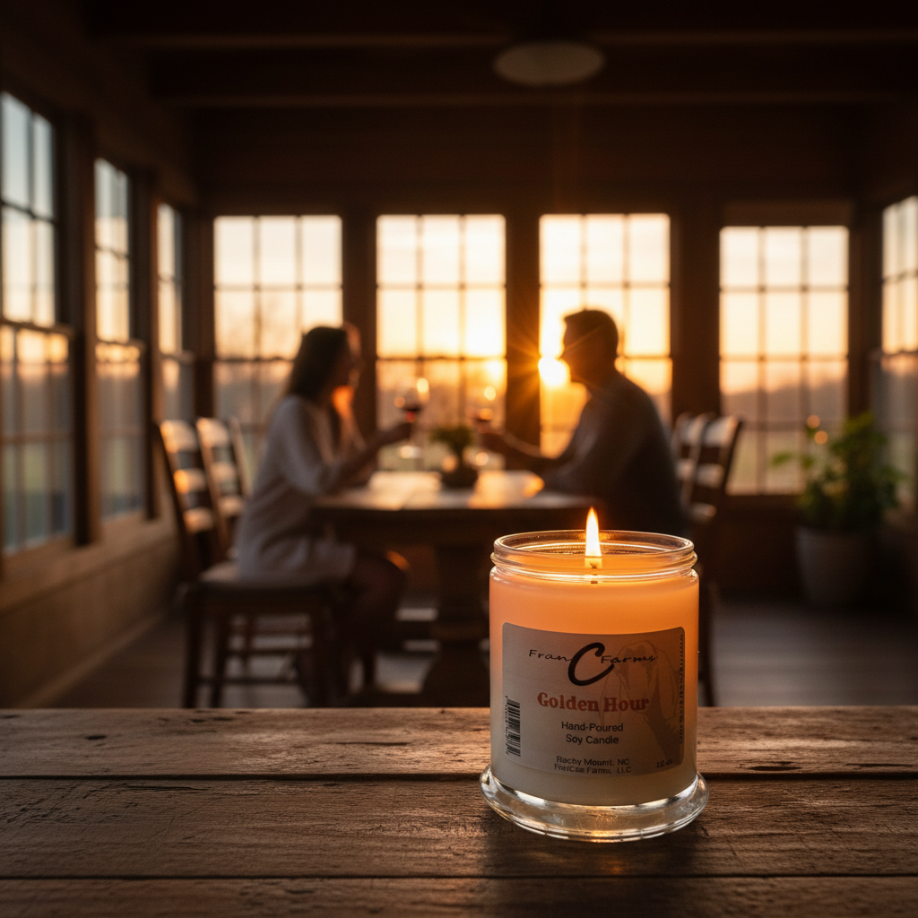 Golden Hour Soy Candle lit on a table with a couple enjoying sunset, capturing the essence of cozy moments.