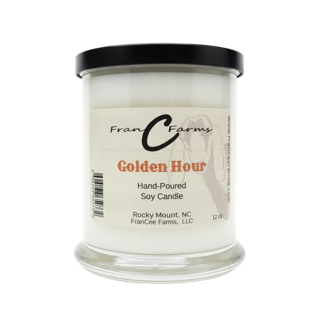 Golden Hour Soy Candle in a clear glass jar, hand-poured by FranC Farms, capturing the essence of the golden hour.