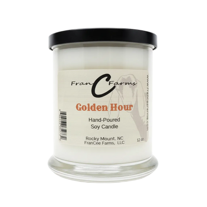 Golden Hour Soy Candle in a clear glass jar, hand-poured by FranC Farms, capturing the essence of the golden hour.
