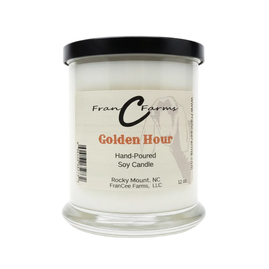 Golden Hour Soy Candle in a clear glass jar, hand-poured by FranC Farms, capturing the essence of the golden hour.