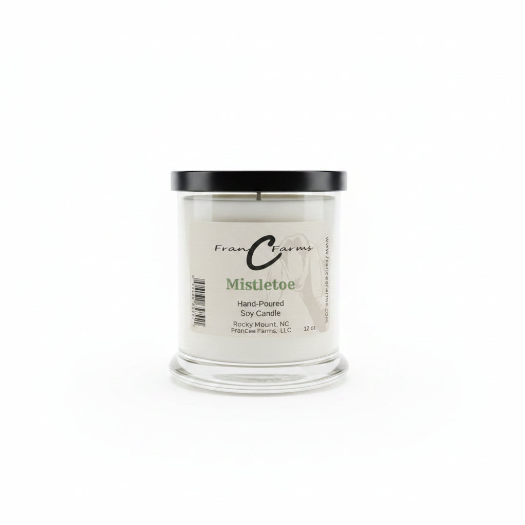 Mistletoe Soy Candle - 12 oz. jar with black lid, perfect for creating a festive holiday atmosphere.
