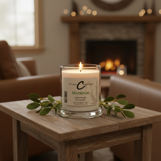 Mistletoe Soy Candle on a wooden table with green foliage, creating a cozy holiday ambiance by a fireplace.