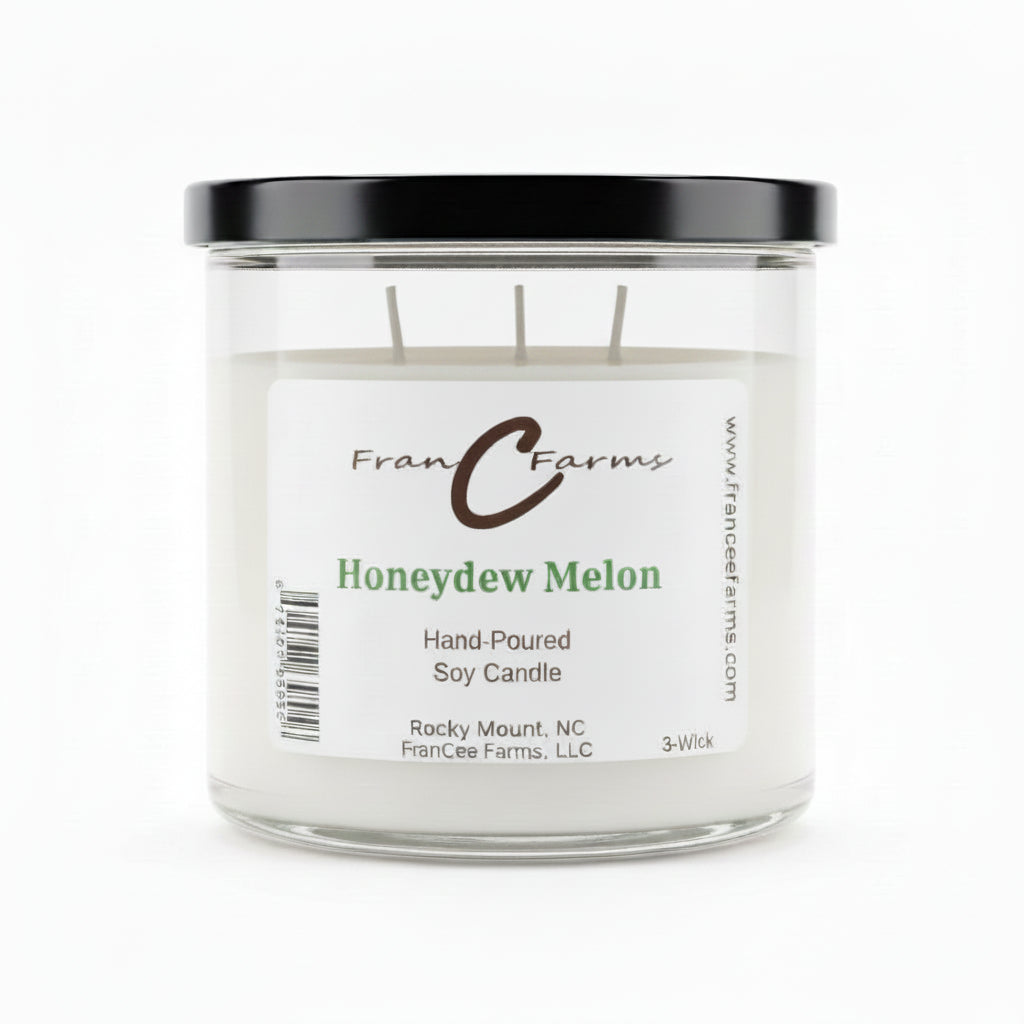 Honeydew Melon Soy Candle - 20 oz. 3 Wick, hand-poured by FranC Farms, featuring a fresh honeydew scent.