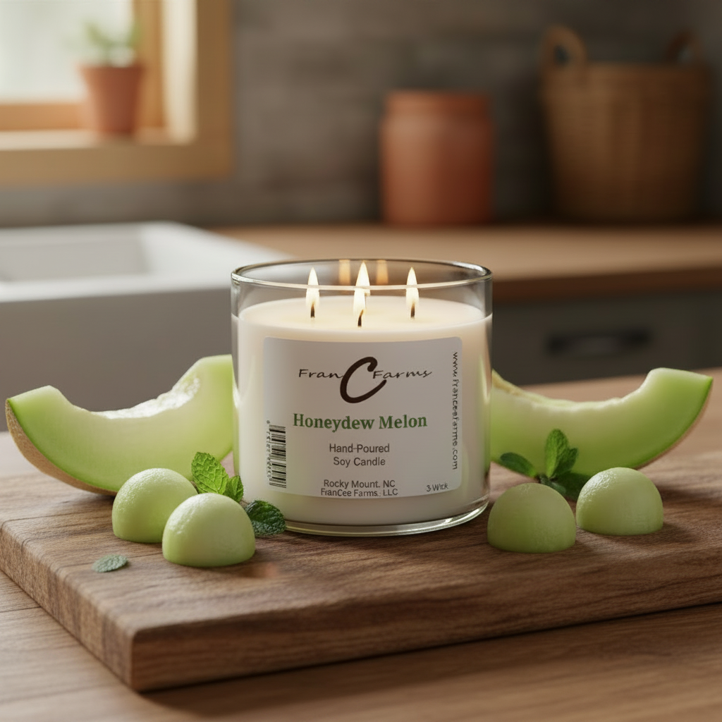 Honeydew Melon Soy Candle - 20 oz. 3 Wick in a glass jar with fresh melon slices and mint leaves.