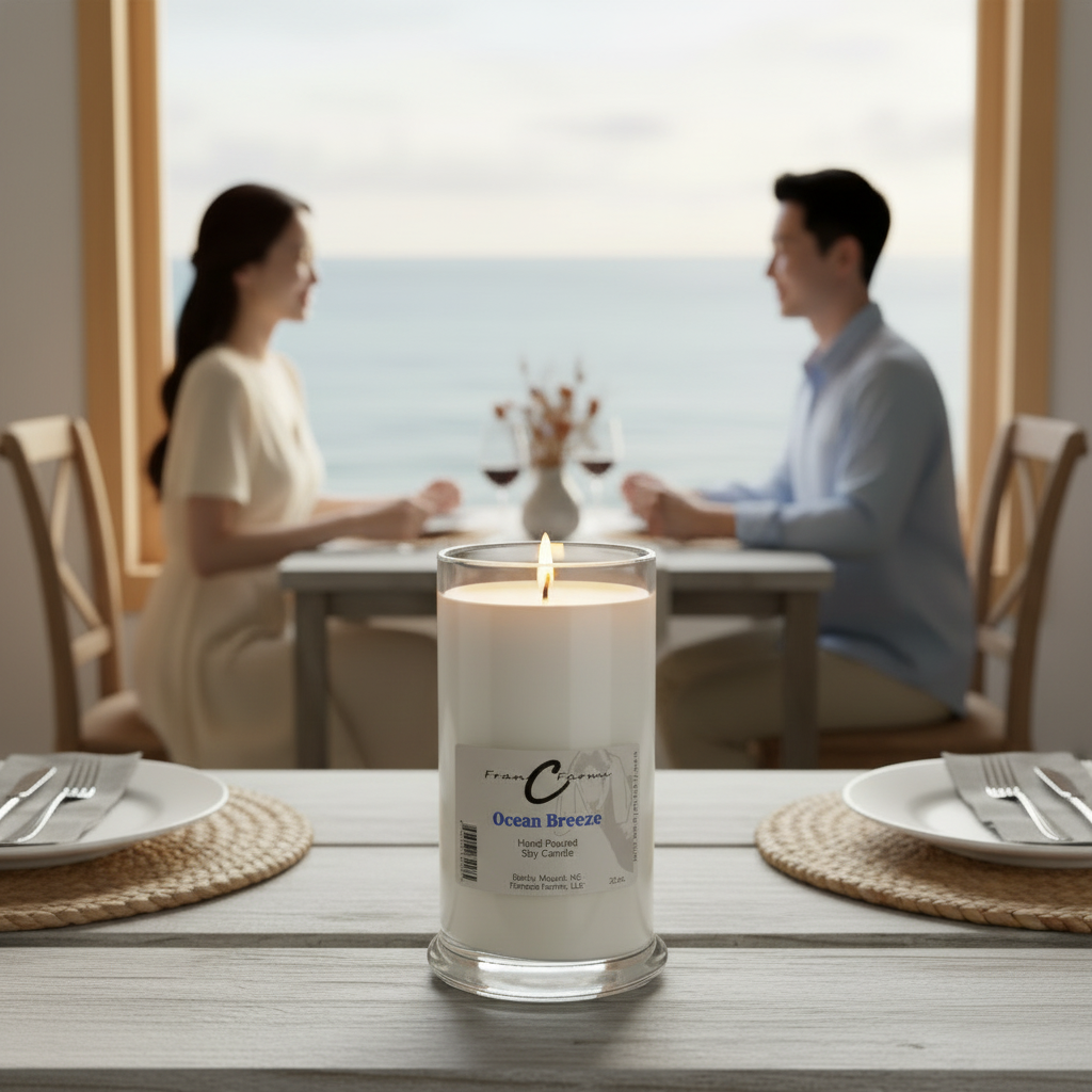 Ocean Breeze Soy Candle lit on a dining table with a couple enjoying a meal by the ocean.