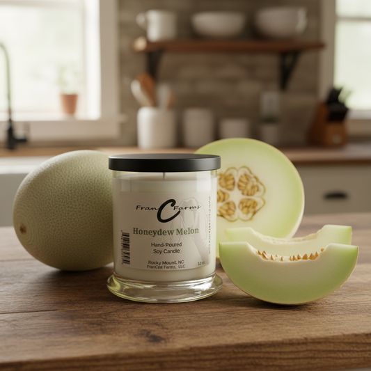 Honeydew Melon Soy Candle surrounded by fresh honeydew melon slices on a wooden table.