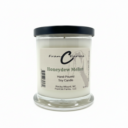 Honeydew Melon Soy Candle in a clear glass jar, hand-poured, 12 oz, made by FranCee Farms.