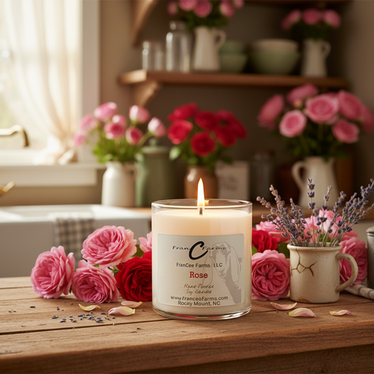 Rose Petal Soy Candle in an 18 oz Apothecary Jar with blooming flowers on a wooden table.