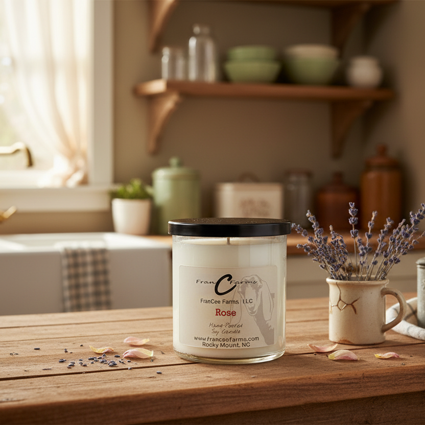 Rose Petal Soy Candle in an apothecary jar on a rustic kitchen table with natural decor elements.