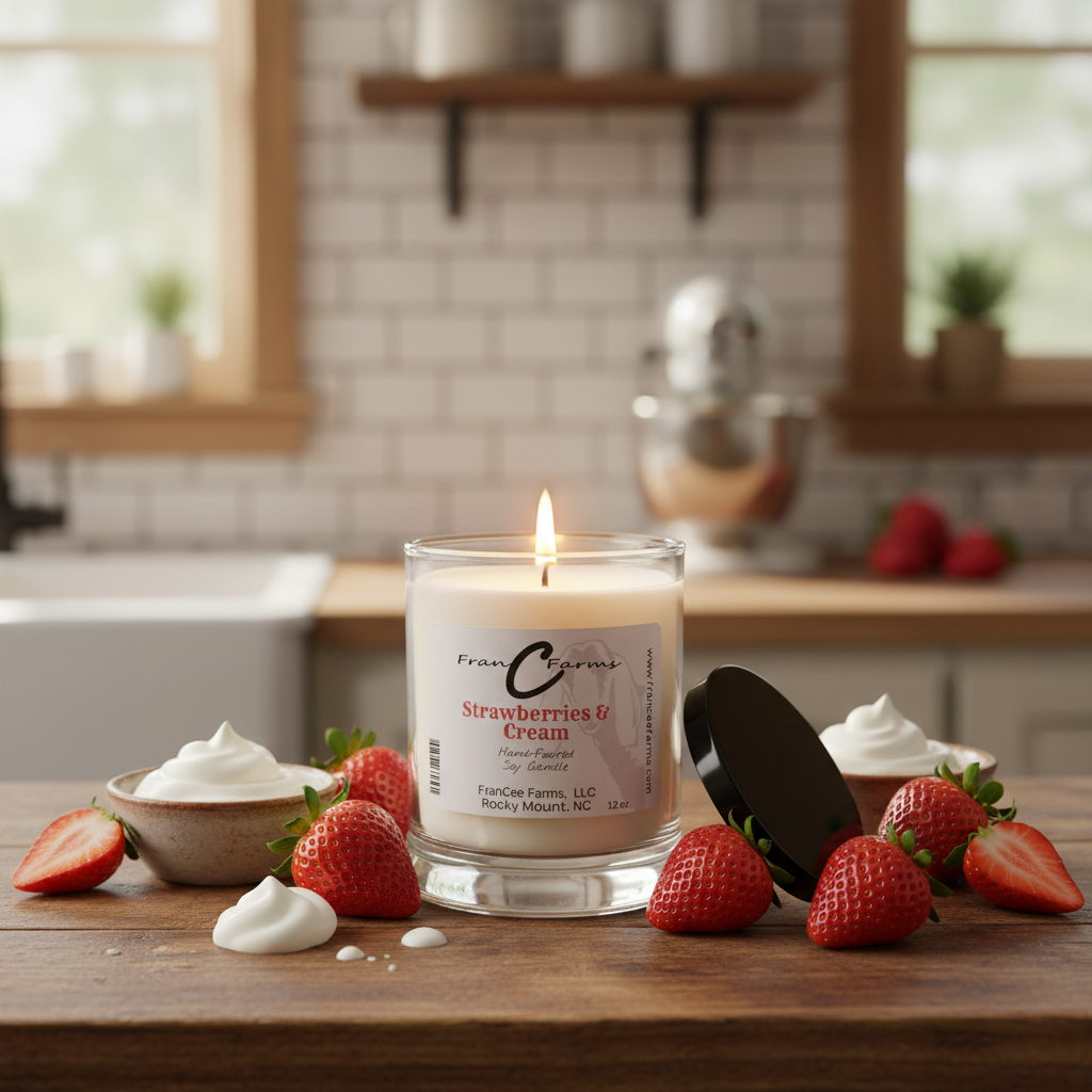 Strawberries & Cream Soy Candle - 12 oz. Status Jar with fresh strawberries and whipped cream on a kitchen counter.