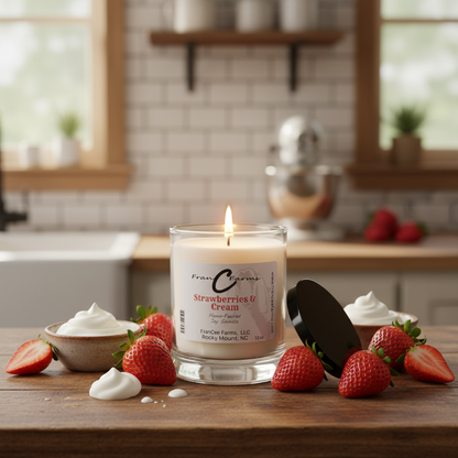 Strawberries & Cream Soy Candle - 12 oz. Status Jar with fresh strawberries and whipped cream on a kitchen counter.