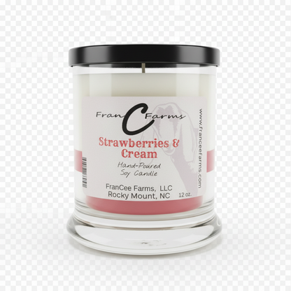 Strawberries & Cream Soy Candle - 12 oz. Status Jar by FranC Farms, hand-poured fragrance.