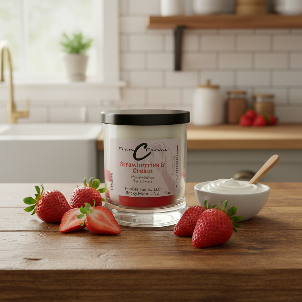 Strawberries & Cream Soy Candle - 12 oz. Status Jar with fresh strawberries and cream on a kitchen countertop.