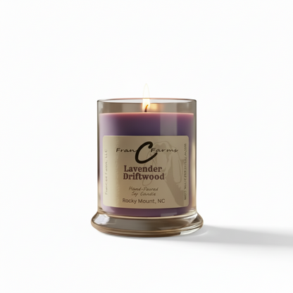 Lavender Driftwood Soy Candle in a glass jar, hand-poured candle with a woodsy aroma.