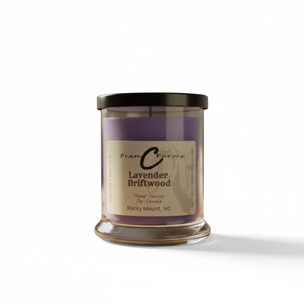 Lavender Driftwood Soy Candle - 12 oz Status Jar by FranC Farms, featuring a woodsy aroma and nautical notes.