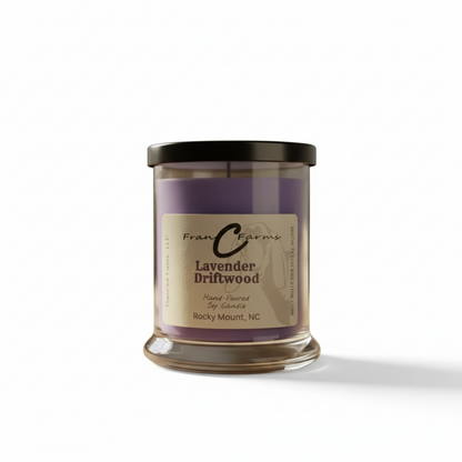 Lavender Driftwood Soy Candle - 12 oz Status Jar by FranC Farms, featuring a woodsy aroma and nautical notes.
