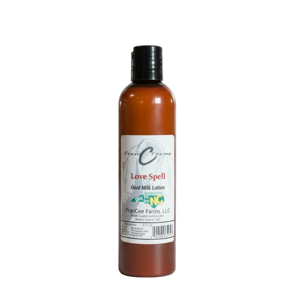 Love Spell Goat Milk Lotion in a bottle, featuring a non-toxic blend of floral and fruit scents.