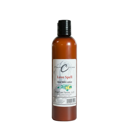 Love Spell Goat Milk Lotion in a bottle, featuring a non-toxic blend of floral and fruit scents.