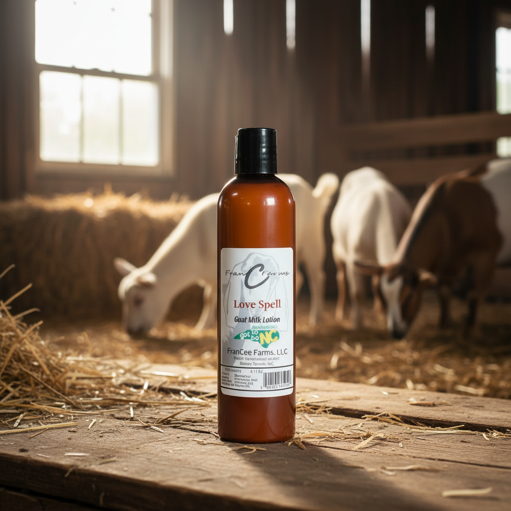 Love Spell Goat Milk Lotion bottle with goats in barn setting, showcasing natural ingredients and soothing fragrance.