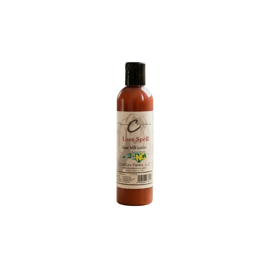 Love Spell Goat Milk Lotion bottle showcasing hydrating and fragrant ingredients.