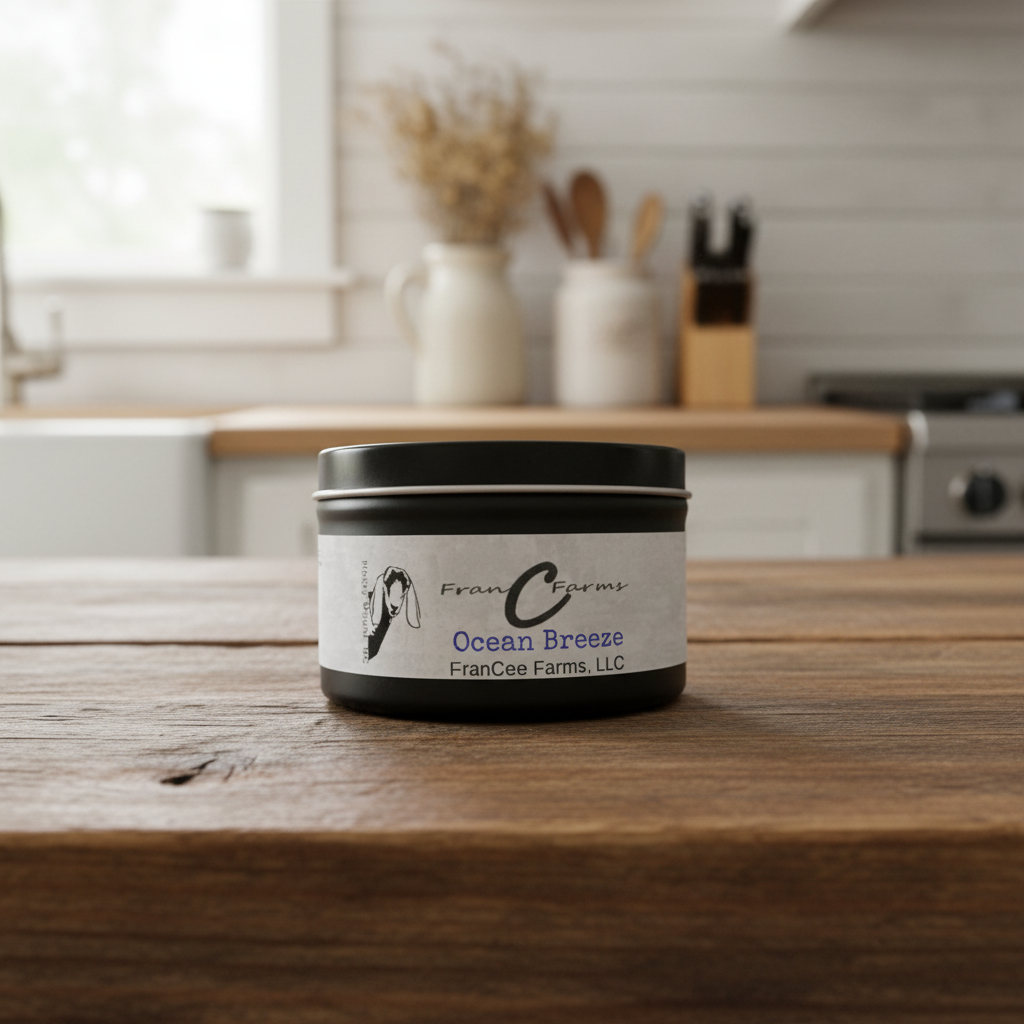 Ocean Breeze Soy Candle tin by FranCee Farms on a rustic wooden kitchen counter.
