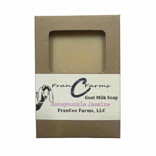 Honeysuckle Jasmine Goat Milk Soap packaging from FranCee Farms, showcasing its floral and sweet aroma.