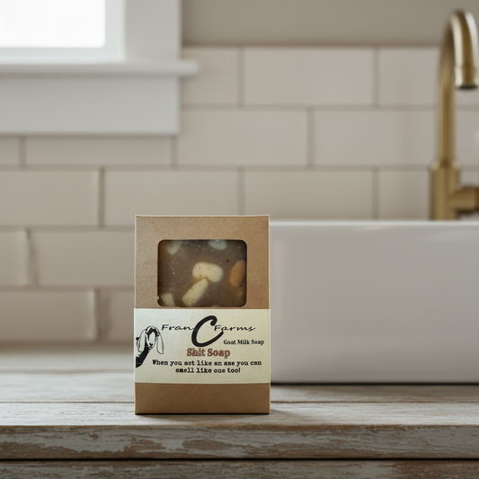 Shit Soap - Goat Milk Soap in a kraft box on a wooden counter, perfect gag gift with a funny label.